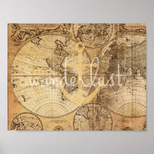 Vintage Karte Wanderlust Anchor drucken Poster (Vorne)