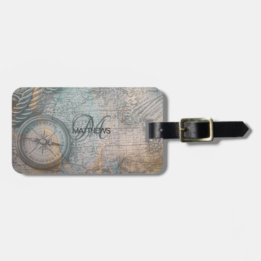 Vintage-Karten-Kompass-Monogramm Gepäckanhänger (Vorderseite horizontal)