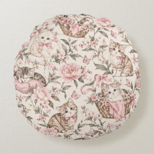 Vintage-Kätzchen & Florales Gartenmuster Rundes Kissen