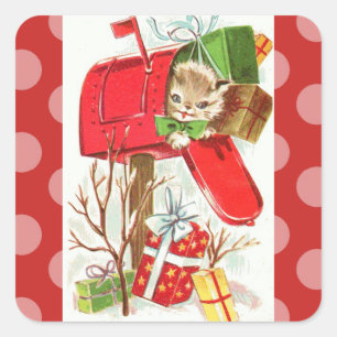 Vintage-Kätzchen im Briefkasten Weihnachtsaufklebe Quadratischer Aufkleber