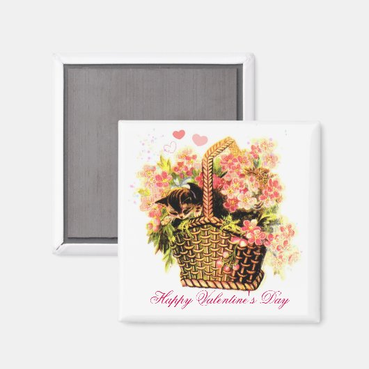 Vintage Kätzchen im Korb Magnet (Vorderseite/Rückseite)