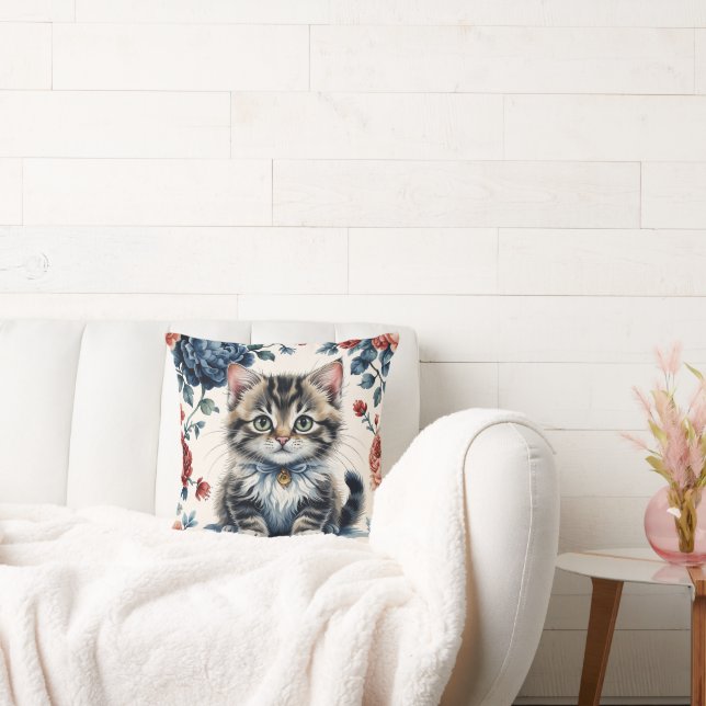 Vintage-Kätzchen- und Blumenkissen Kissen (Liege)