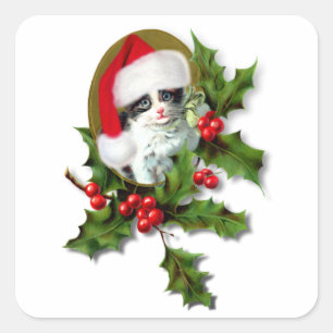 Vintage-Kätzchen-Weihnachten  Quadratischer Aufkleber