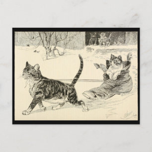 Vintage-Katze 1883 Illustration, Spaßfahrt in eine Postkarte