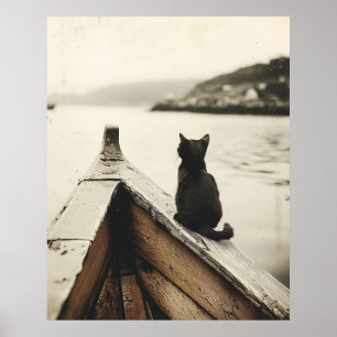 Vintage-Katze auf Boot Sepia-Ton Poster