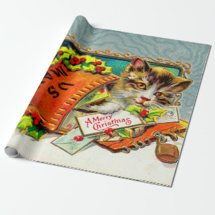 Vintage-Katze Frohe Weihnachten  Geschenkpapier