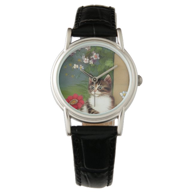 Vintage Katze-Illustration mit Frühlingsblumen Armbanduhr (Vorderseite)