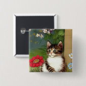 Vintage Katze-Illustration mit Frühlingsblumen Button (Vorne & Hinten)