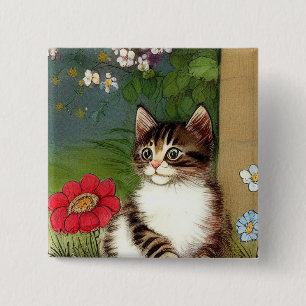 Vintage Katze-Illustration mit Frühlingsblumen Button