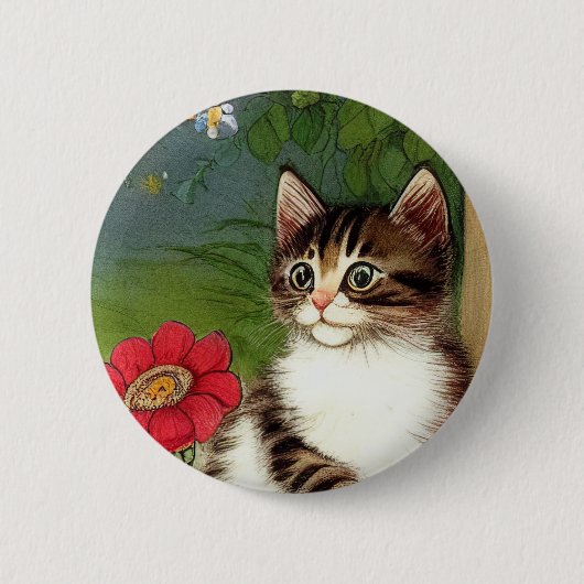 Vintage Katze-Illustration mit Frühlingsblumen Button (Vorderseite)
