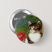 Vintage Katze-Illustration mit Frühlingsblumen Button (Vorne & Hinten)