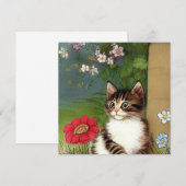 Vintage Katze-Illustration mit Frühlingsblumen Einladung (Vorne/Hinten)