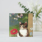 Vintage Katze-Illustration mit Frühlingsblumen Einladung (Stehend Vorderseite)