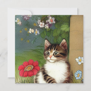 Vintage Katze-Illustration mit Frühlingsblumen Einladung