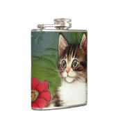 Vintage Katze-Illustration mit Frühlingsblumen Flachmann (Rechts)