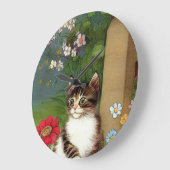 Vintage Katze-Illustration mit Frühlingsblumen Große Wanduhr (Winkel)