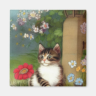 Vintage Katze-Illustration mit Frühlingsblumen Magnet