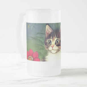 Vintage Katze-Illustration mit Frühlingsblumen Mattglas Bierglas