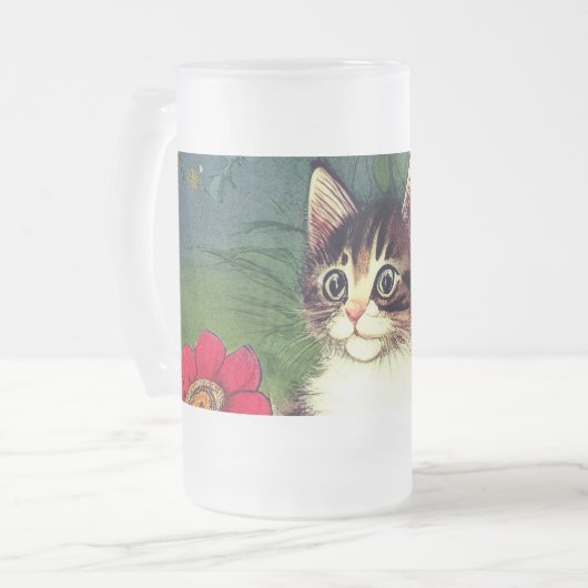 Vintage Katze-Illustration mit Frühlingsblumen Mattglas Bierglas (Vorderseite Links)