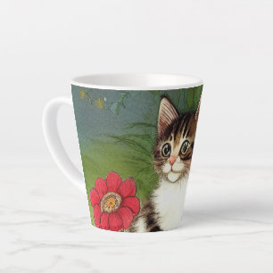 Vintage Katze-Illustration mit Frühlingsblumen Milchtasse