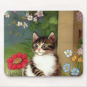 Vintage Katze-Illustration mit Frühlingsblumen Mousepad