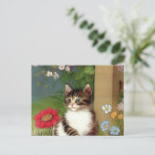 Vintage Katze-Illustration mit Frühlingsblumen Postkarte (Stehend Vorderseite)