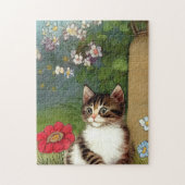 Vintage Katze-Illustration mit Frühlingsblumen Puzzle (Vertikal)