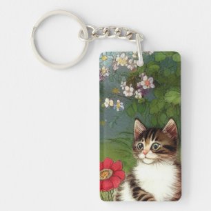 Vintage Katze-Illustration mit Frühlingsblumen Schlüsselanhänger