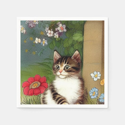 Vintage Katze-Illustration mit Frühlingsblumen Serviette (Vorderseite)
