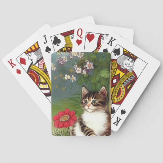 Vintage Katze-Illustration mit Frühlingsblumen Spielkarten (Rückseite)