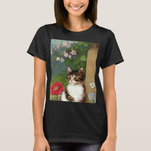 Vintage Katze-Illustration mit Frühlingsblumen T-Shirt