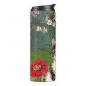Vintage Katze-Illustration mit Frühlingsblumen Thermosbecher (Nach links gedreht)