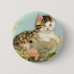 Vintage Katze-Illustration mit rosa Blume Button