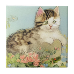 Vintage Katze-Illustration mit rosa Blume Fliese