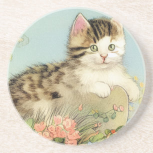 Vintage Katze-Illustration mit rosa Blume Getränkeuntersetzer