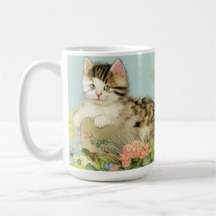 Vintage Katze-Illustration mit rosa Blume Kaffeetasse