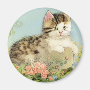 Vintage Katze-Illustration mit rosa Blume Magnet