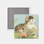 Vintage Katze-Illustration mit rosa Blume Magnet (Vorderseite/Rückseite)