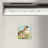 Vintage Katze-Illustration mit rosa Blume Magnet (In Situ (Geschirrspüler))