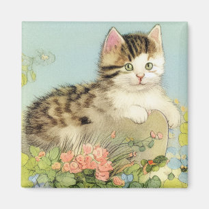 Vintage Katze-Illustration mit rosa Blume Magnet