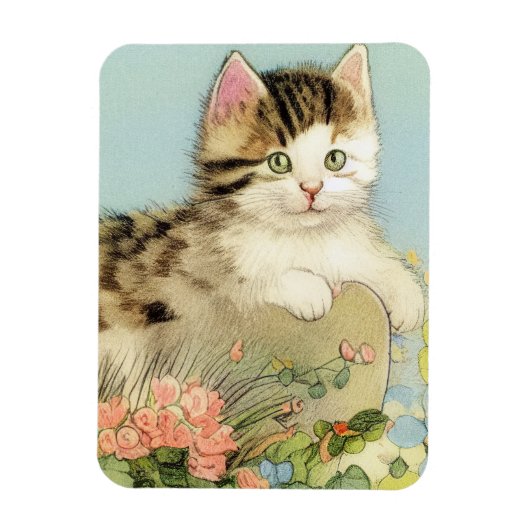 Vintage Katze-Illustration mit rosa Blume Magnet (Vertikal)