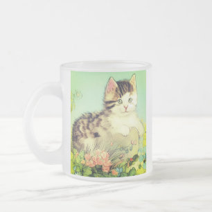 Vintage Katze-Illustration mit rosa Blume Mattglastasse