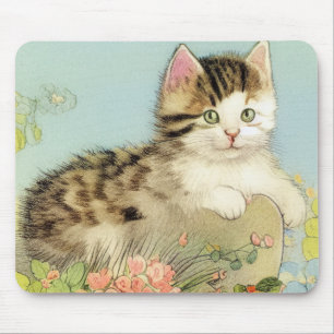 Vintage Katze-Illustration mit rosa Blume Mousepad