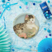 Vintage Katze-Illustration mit rosa Blume Pappteller (Party)