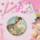 Vintage Katze-Illustration mit rosa Blume Pappteller (Party)