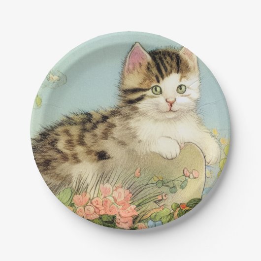 Vintage Katze-Illustration mit rosa Blume Pappteller (Vorderseite)