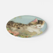 Vintage Katze-Illustration mit rosa Blume Pappteller (Schrägansicht)