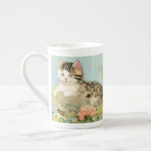 Vintage Katze-Illustration mit rosa Blume Porzellantasse
