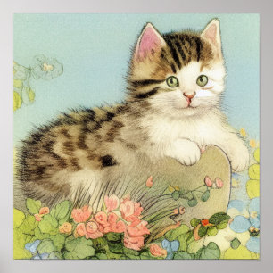 Vintage Katze-Illustration mit rosa Blume Poster