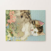 Vintage Katze-Illustration mit rosa Blume Puzzle (Horizontal)